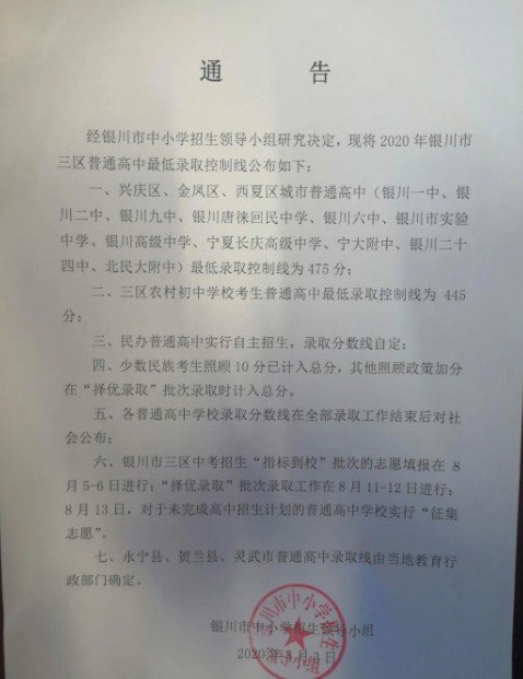 2021宁夏银川中考分数线是多少