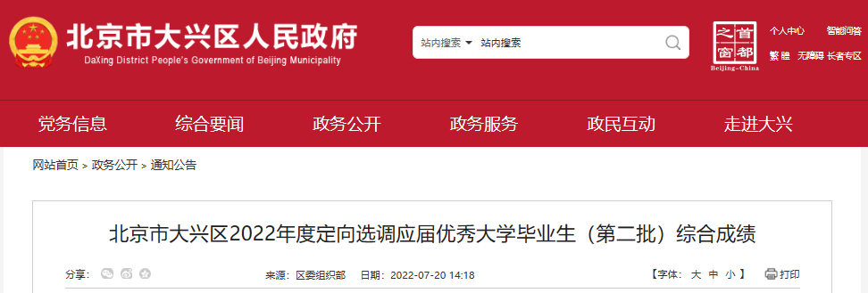 2022年北京石景山区定向选调生成绩