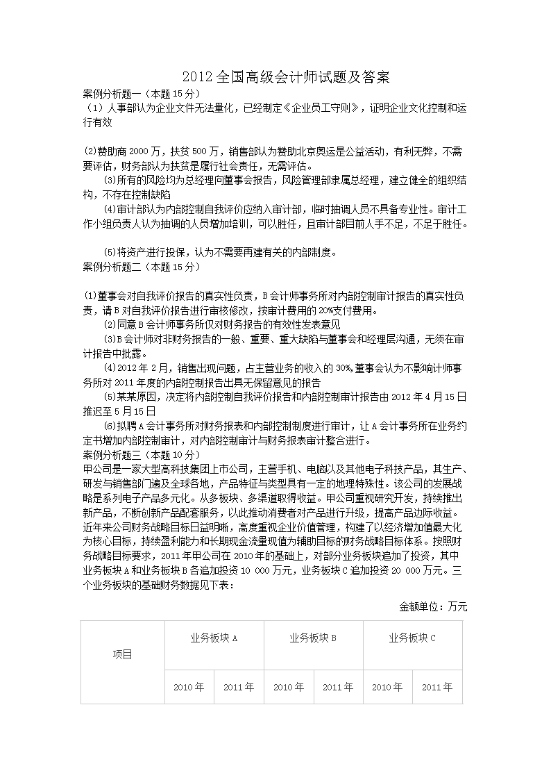 2016年高级会计师高级会计实务试题