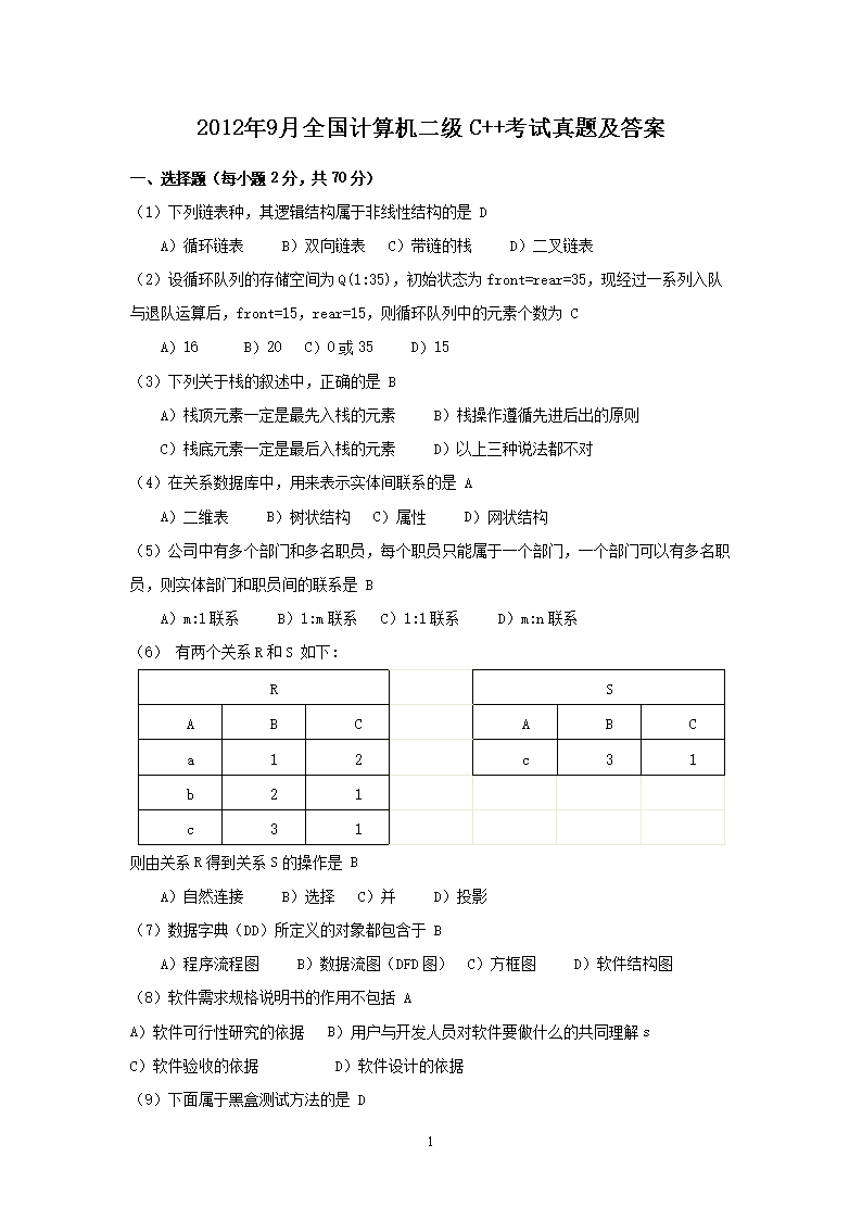 2010年9月全国计算机二级C++考