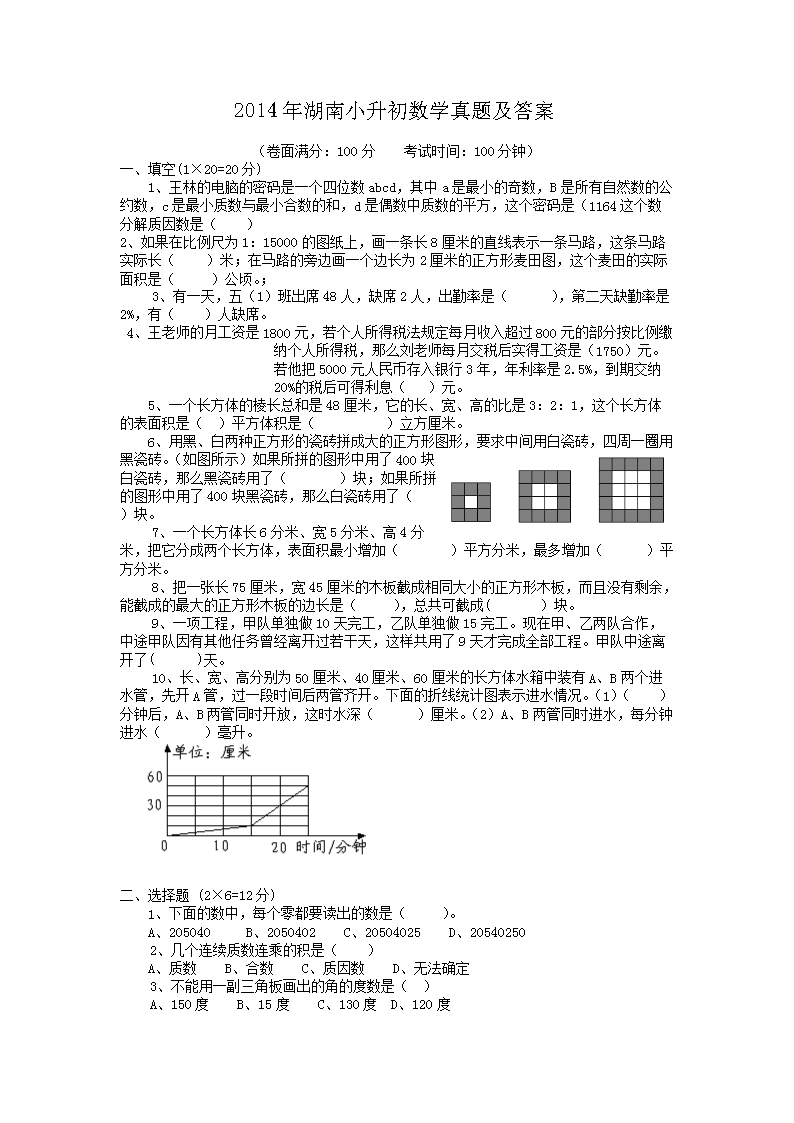 2015年天津小升初数学真题及答案(