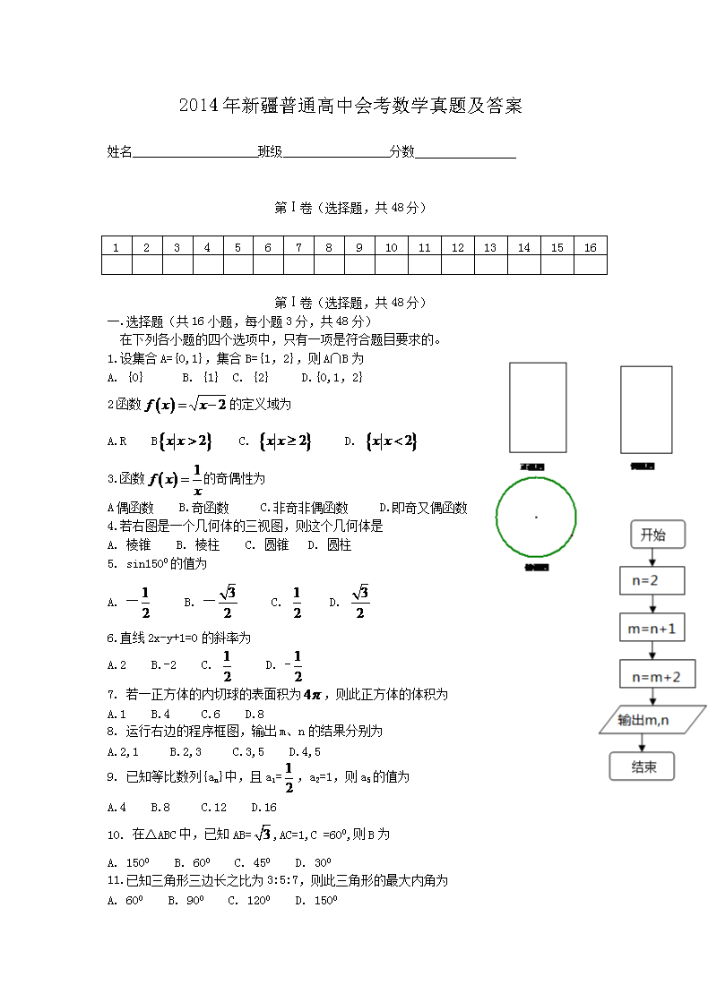 2016年上海普通高中会考数学真题及