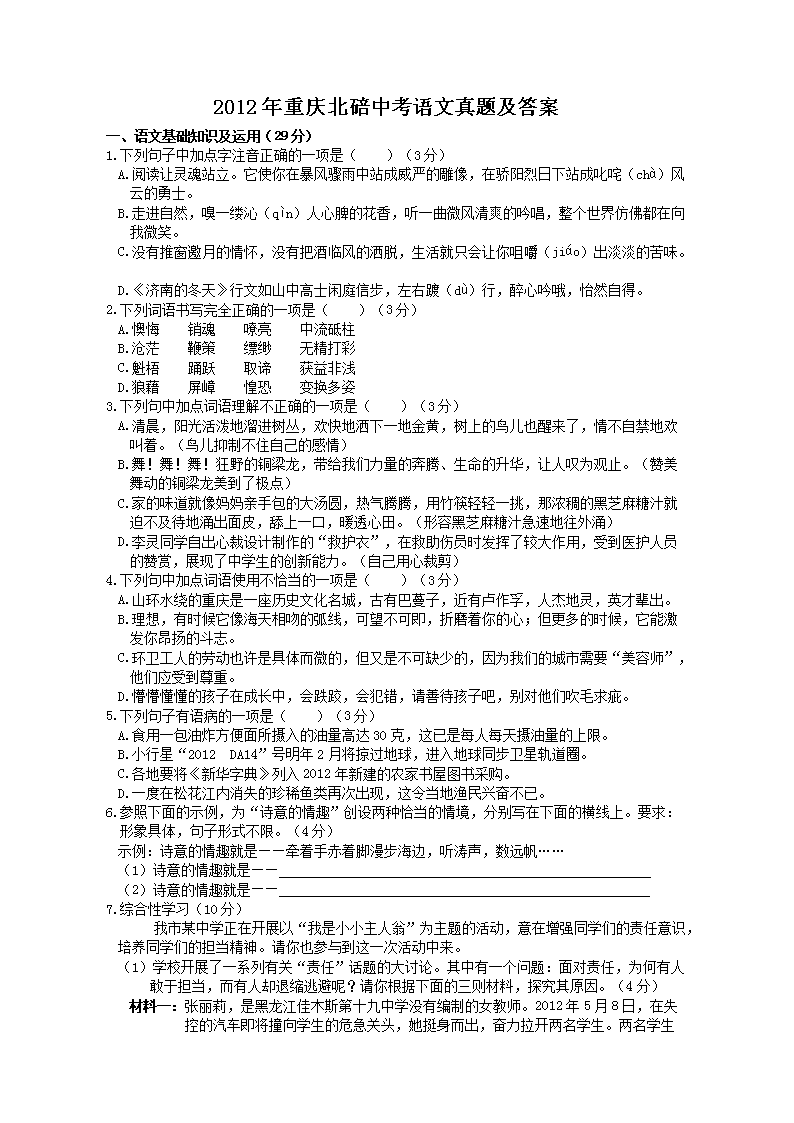 2013年甘肃省临夏州中考语文真题及