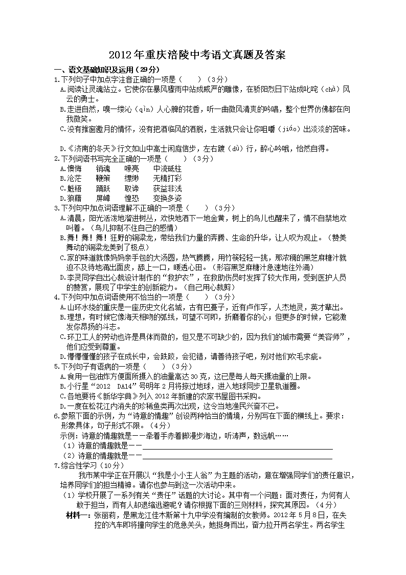 2013年甘肃省武威市中考语文真题及