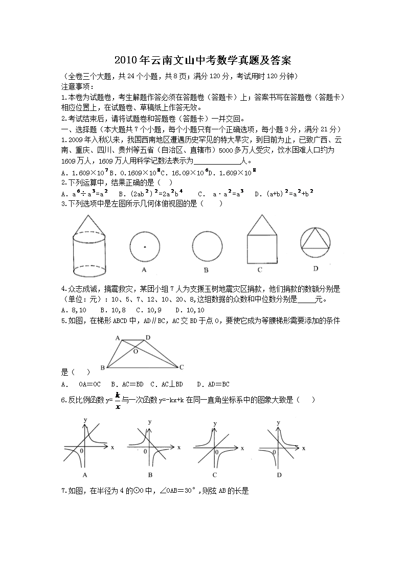 2010年云南临沧中考数学真题及答案