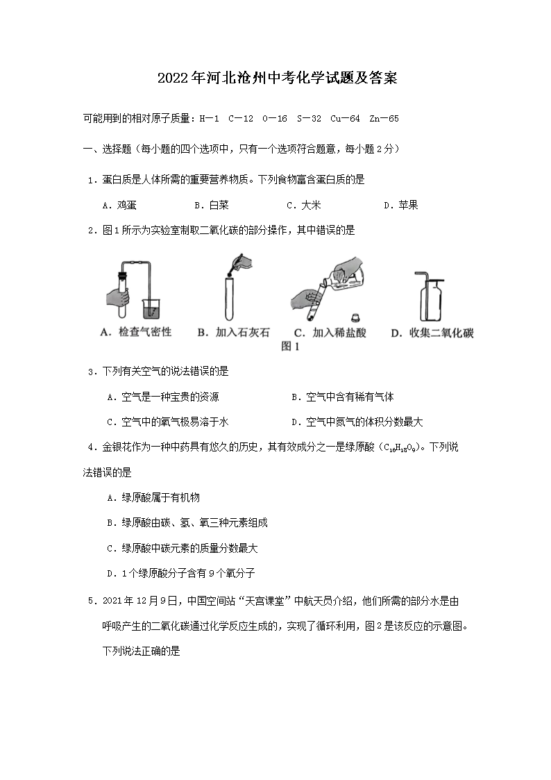2023年河北沧州中考化学真题及答案