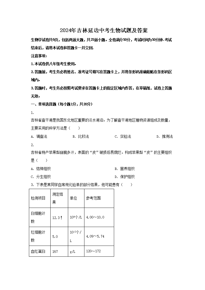 【文档名称】 2024年吉林延边中考