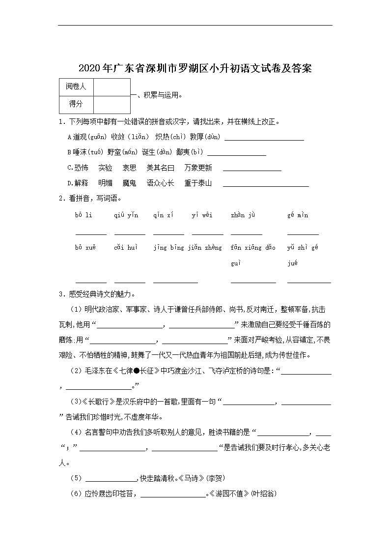2022年广东省深圳市坪山区小升初数