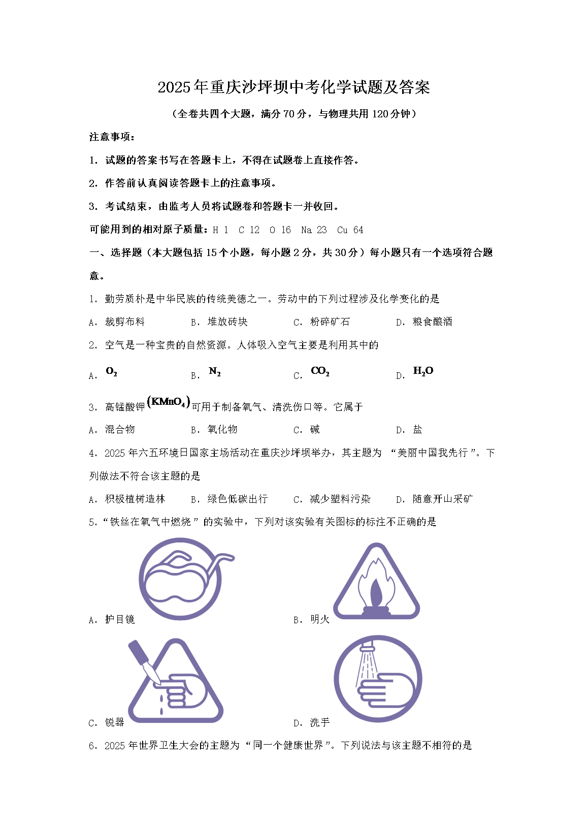 2025年四川泸州中考化学试题及答案